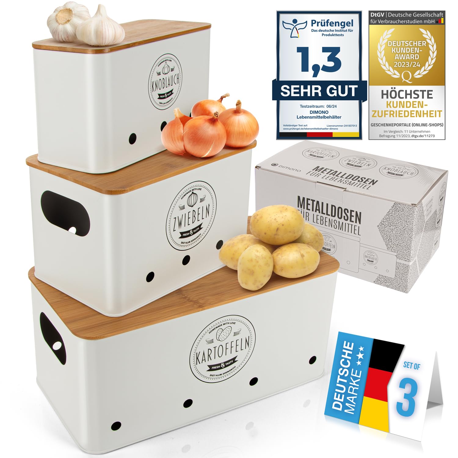 Dimono White Dimono® Vegetable Storage Boxes Set Of 3; Storage Tin Food Container; Keeps Vegetables Fresh For Longer, Ideal For Onions, Potatoes & Garlic
