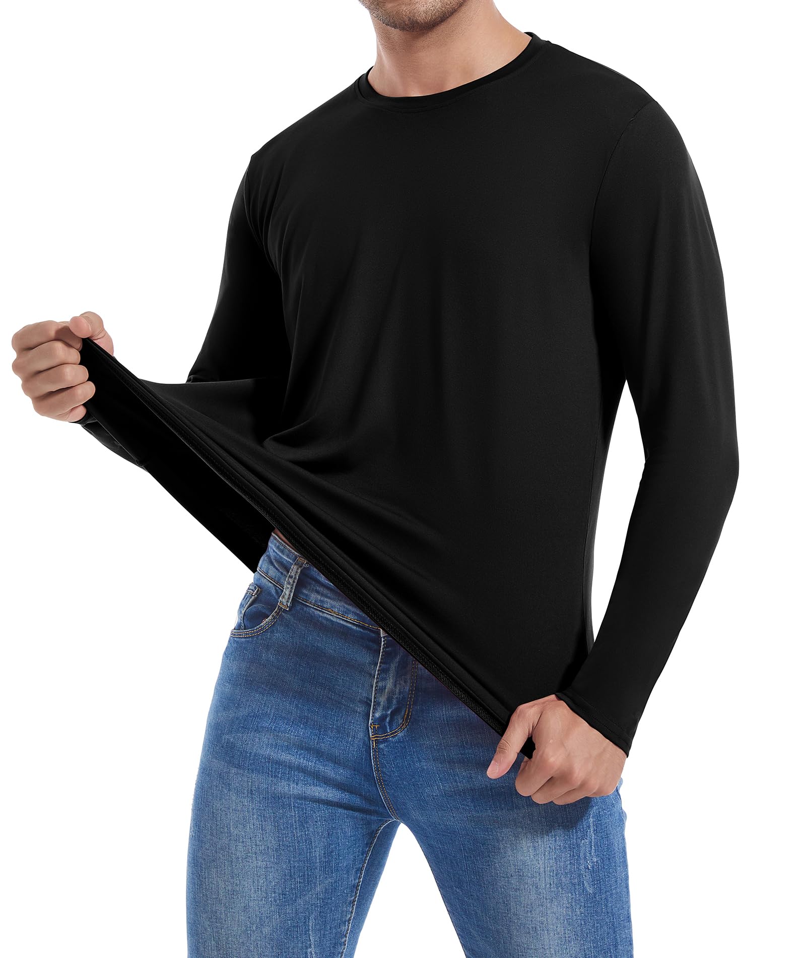Lot de 3 T-Shirts à Manches Longues en Coton pour Hommes, Chemises à Col Rond Évacuant L'humidité, Hauts Légers et Confortables pour Couche de Base Décontractée