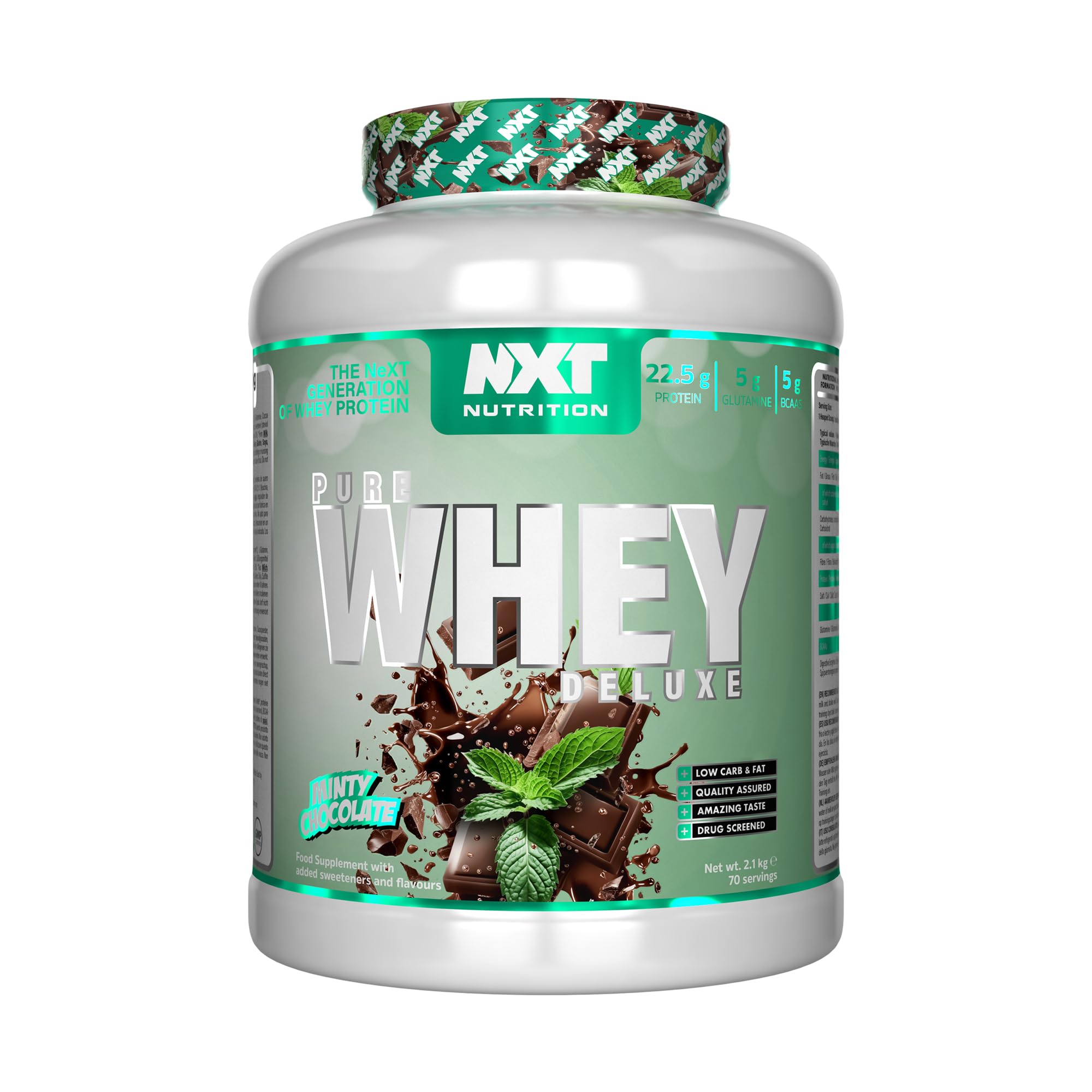 NXT Nutrition Pure Whey Deluxe 2.1kg | Whey Protein | Muscle Growth and Recovery | 70 Servings | 5g Glutamine | 5g BCAA | Minty Chocolate