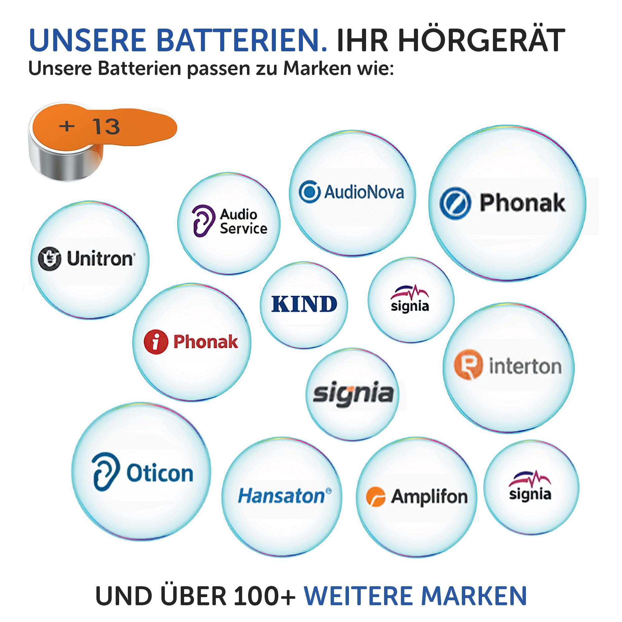 Siemens-Signia Lot de 120 piles pour appareils auditifs, type 13, orange, fabriquées en Allemagne, avec chiffon de nettoyage, sans fil, sans mercure