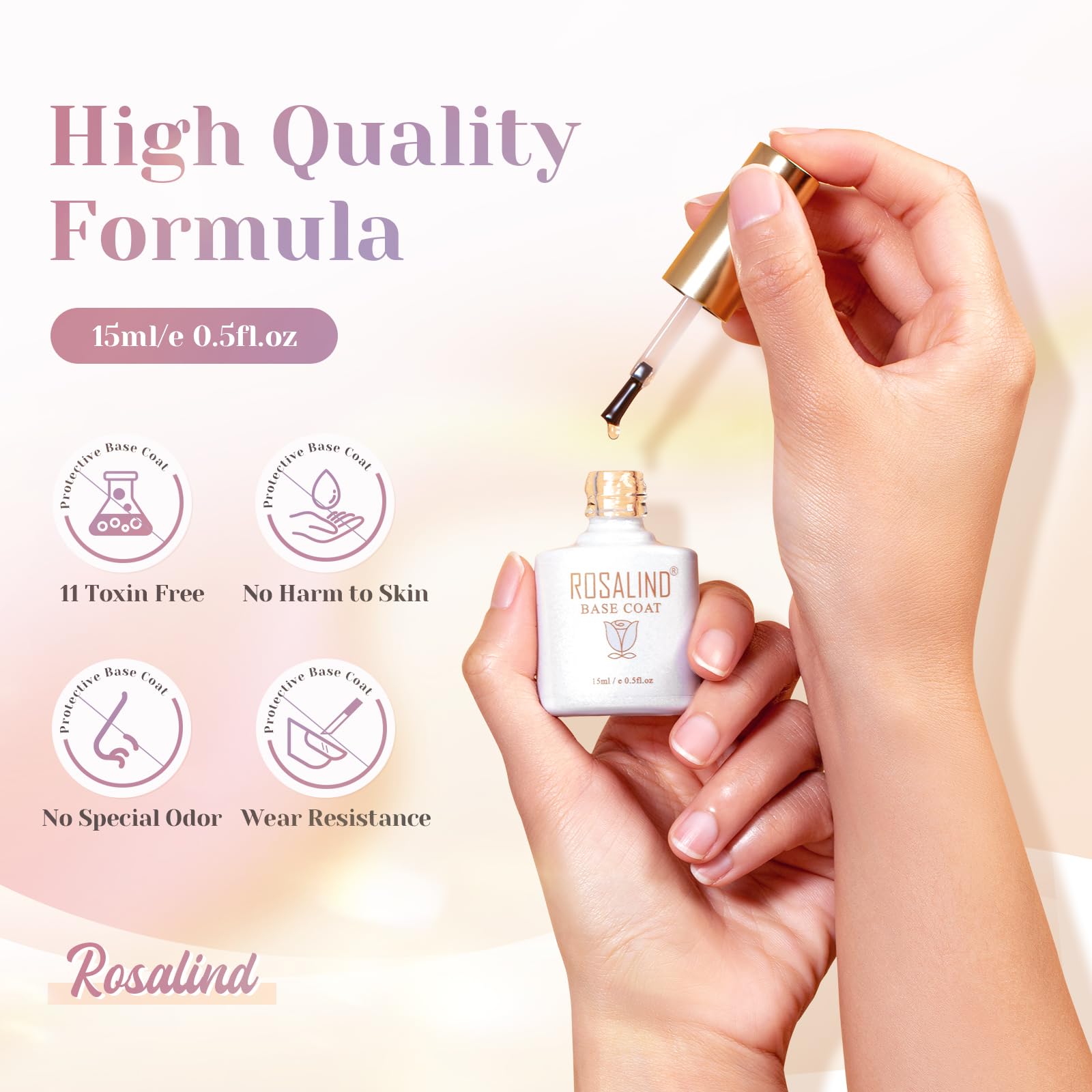 ROSALIND Base Coat Vernis Semi Permanent, UV LED Soak Off Vernis à Ongles Gel Polish kit manucure semi permanent 15ml