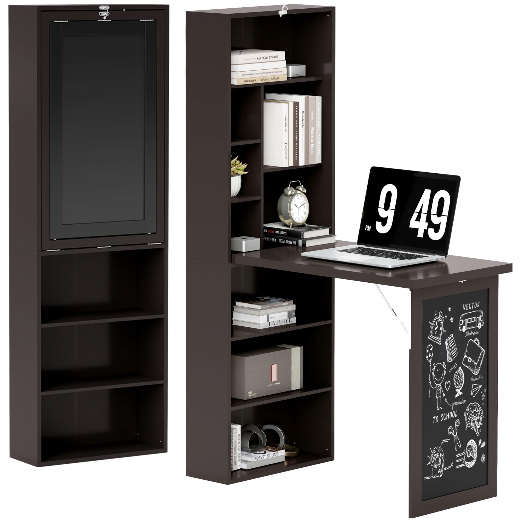 HOMCOM Escritorio Computadora Plegable, Escritorio con Biblioteca, Estación de Trabajo, Mesa Negro, 9 Compartimentos Abiertos y Estante Ajustable, Mesa de Ordenador para Dormitorio, 98 x 51 x 153 cm