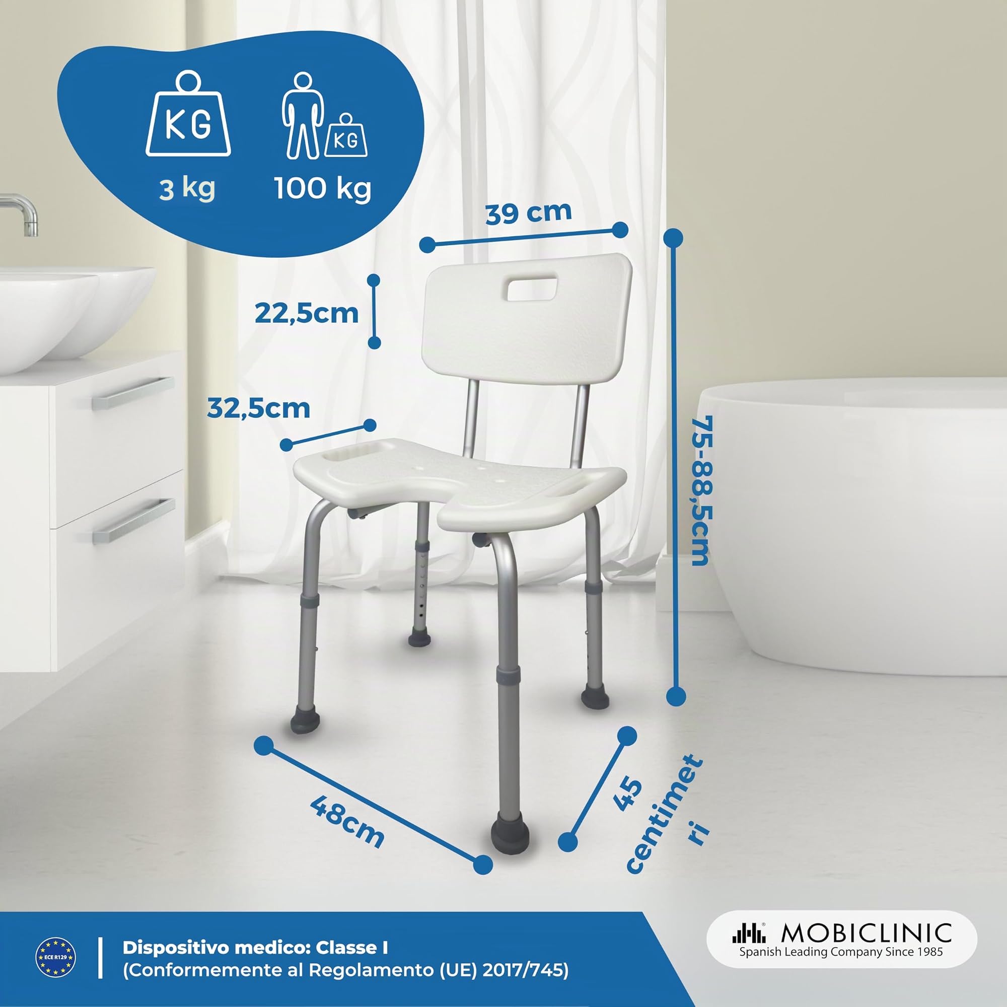 Mobiclinic, Sedia per doccia, Marisma, Marchio europeo, Con schienale, Marcatura CE, Ausili per disabili e/o anziani, Pieghevole e regolabile, Piedini antiscivolo, Alluminio