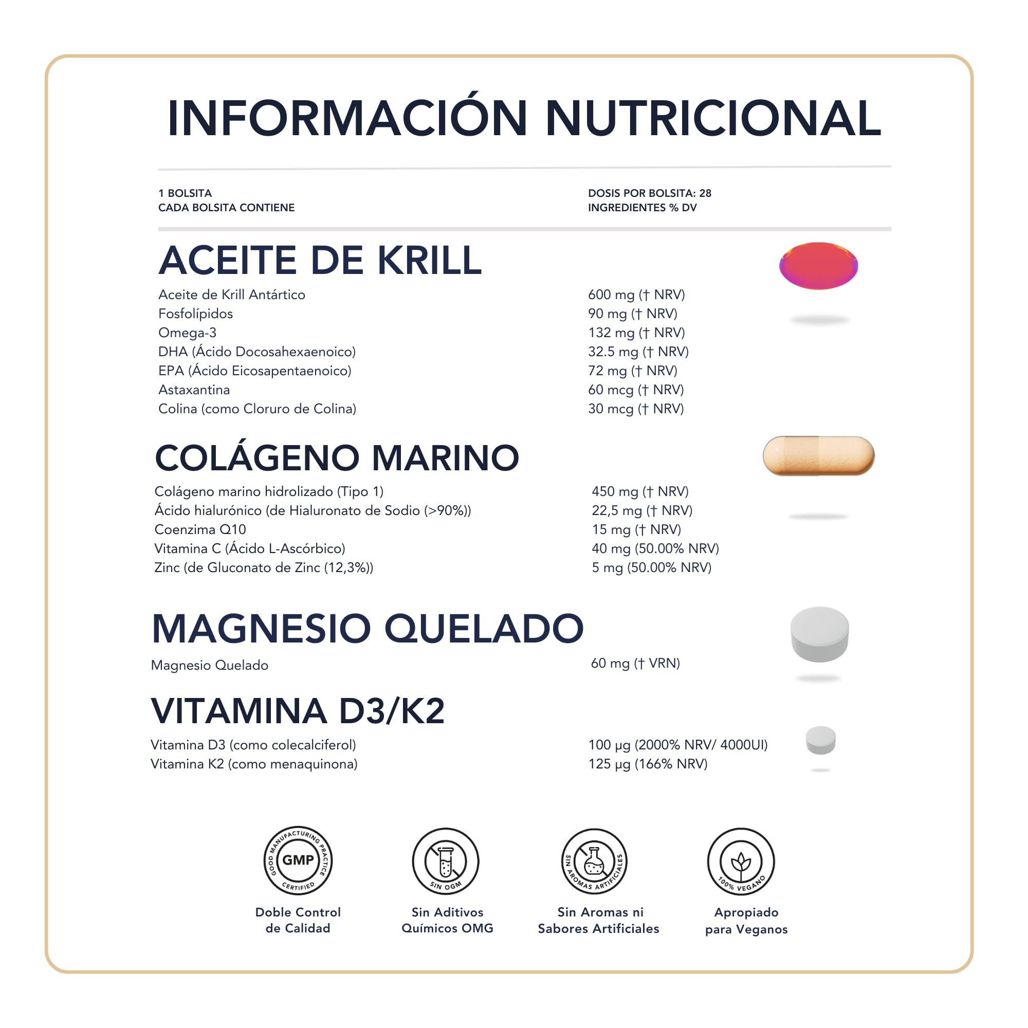 Gestión de la Longevidad | Vitamina D3 y K2 4000 UI + Magnesio Omega 3 Krill Colágeno - Sin OMG | Poderosa sinergia de vitaminas y minerales l 28 Dosis Diarios