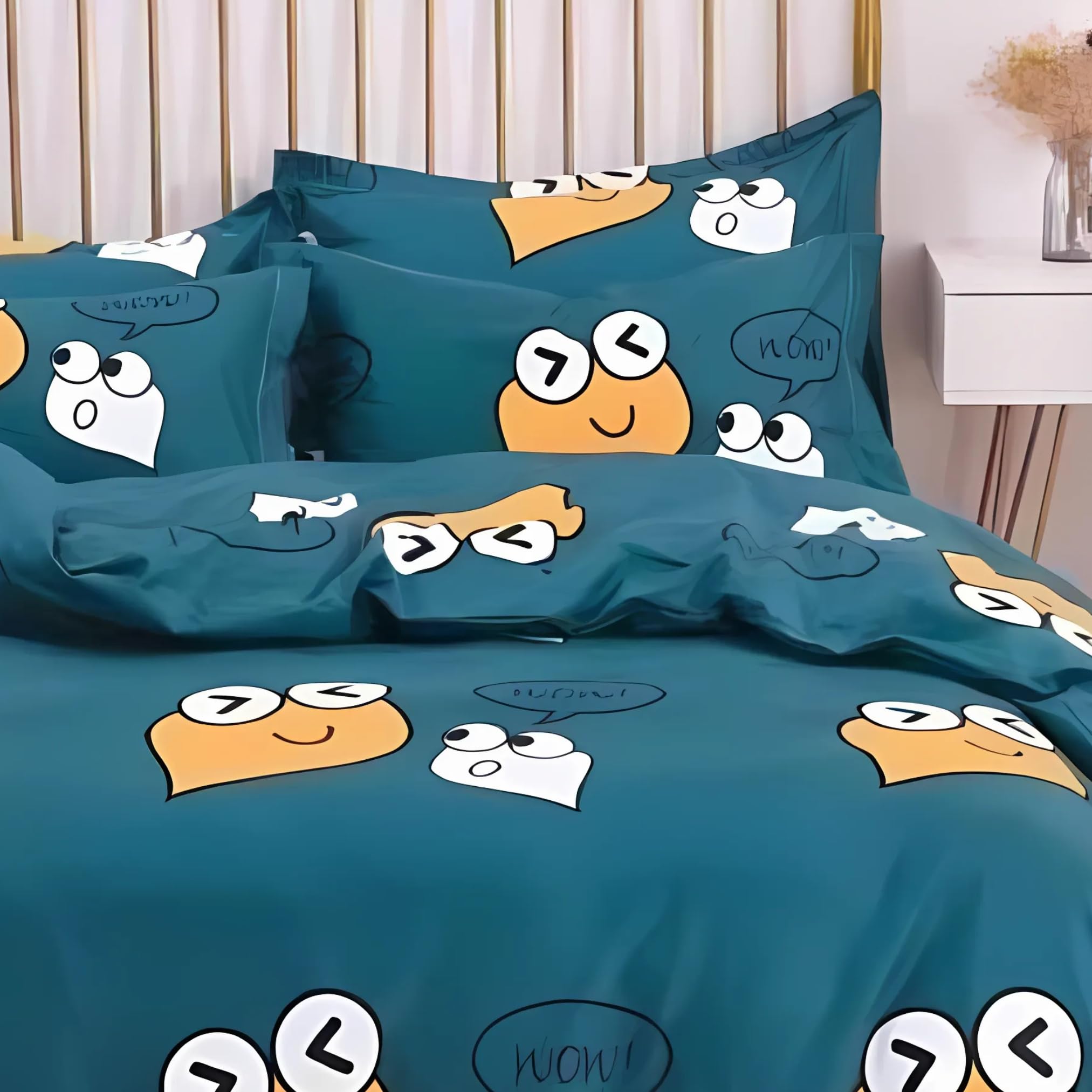 Famyo® King Size Bedsheet Set with 2 Pillow Covers, 250 TC Fitted Bedsheet & Comforter Cover (4pc Set) – Home Decor, 72x78 inches Kids/Children Bedsheet, Cute Smiles Design 4