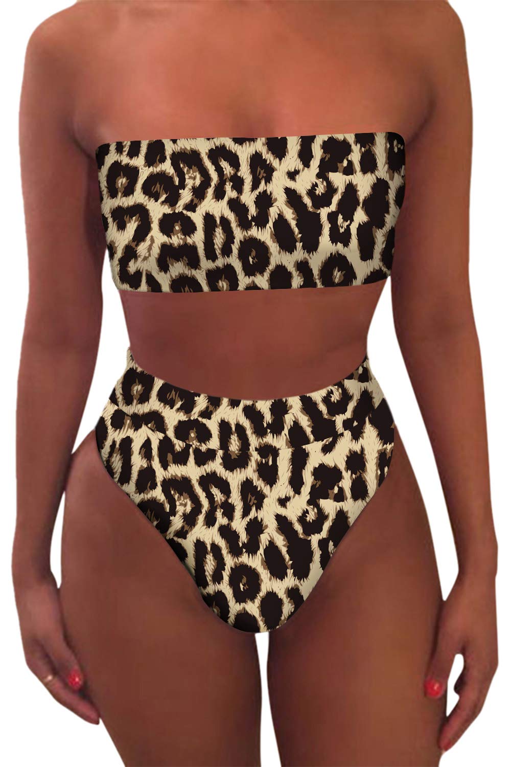 Kisscynest Women's 2 Piece Bandeau Cheeky High Waisted Bikini Swimsuits Leopard Print M