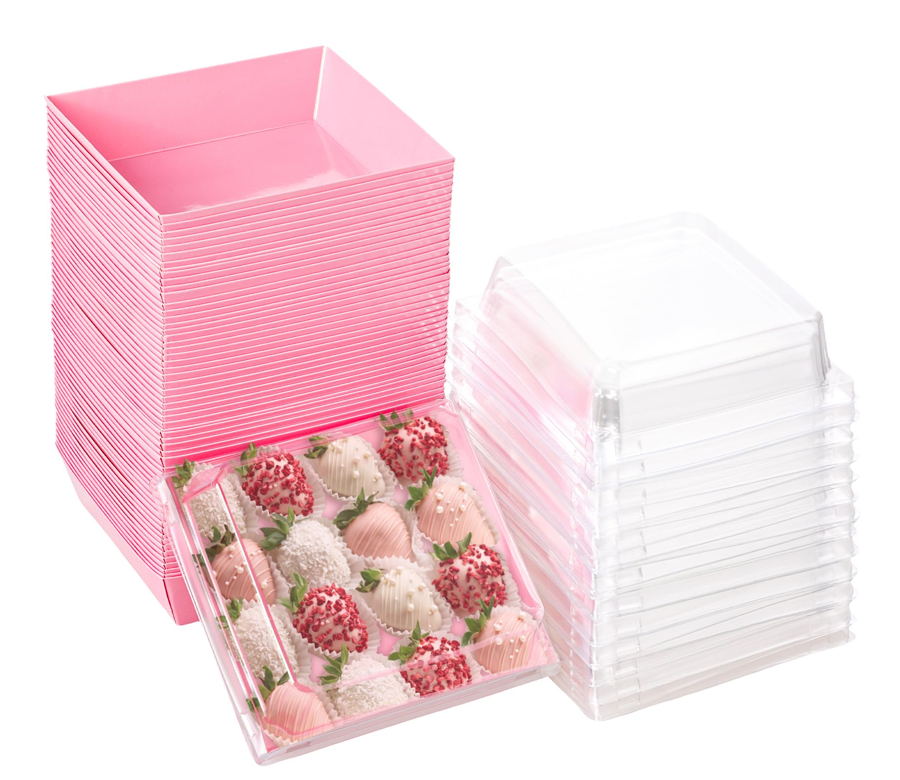 Moretoes 60pcs 5in Charcuterie Boxes with Clear Lids Pink Square Disposable Food Containers Bakery Boxes for Donuts Pastry Sandwich Cake Cookies for Christmas, Party
