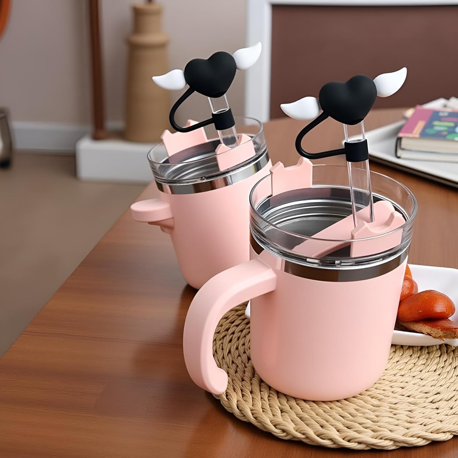 4pcs White Wings Black Heart Straw Cover for Stanley Cup, 10mm Silicone Straw Covers Cap for Stanley Cup Accessories, Cute Straw Topper for Tumblers, Cap Stopper for Reusable Straws Tip Lids - Image 5