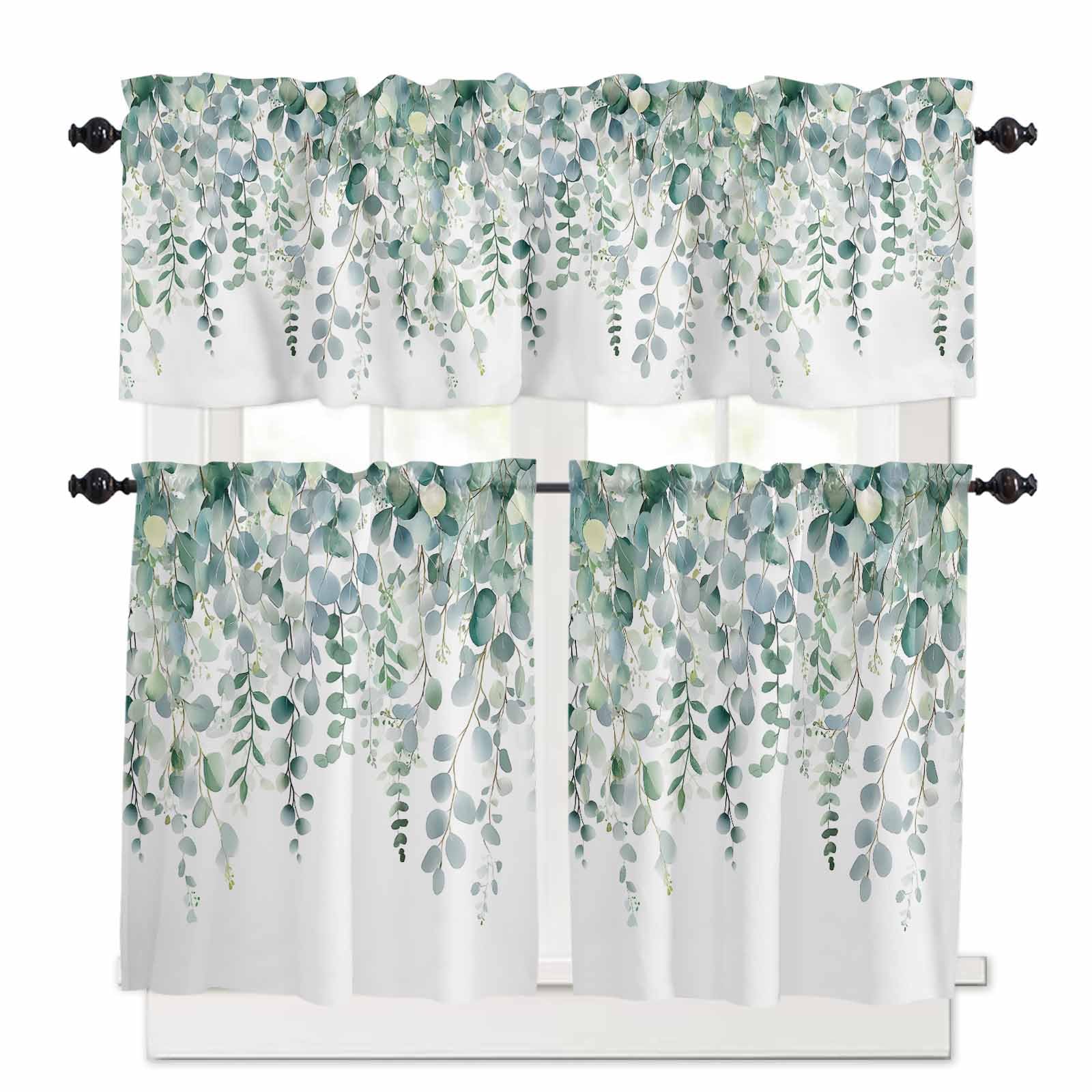 Eucalyptus Leaves Kitchen Curtains 36 Inch Length, 3 Piece Rod Pocket Small Half Tiers and Valance Set, Teal Botanical Summer Weeping Small Large Window Treatment Decor for Bedroom/Bathroom Sink