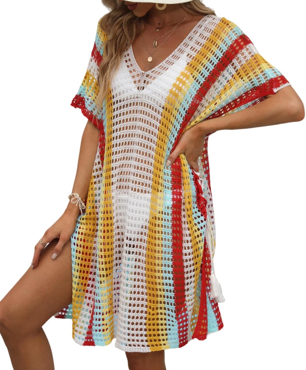 Xuan2Xuan3Multi Color Stripes Crochet Swimsuit Cover Ups Dress Women Bikini Beach Coverups Dresses for Swimwear Bathing Suit