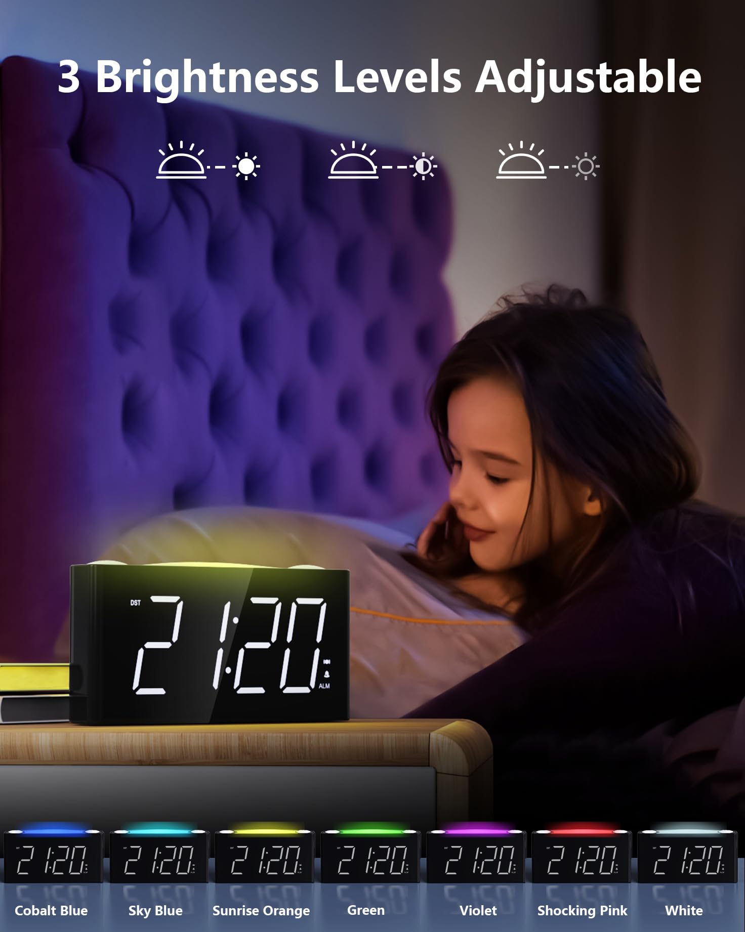 Sveglia da Comodino con Vibrazione, Forte Cicalino per Dormienti Pesanti Sordi Non Udenti, Luce Notturna a 7 Colori per Camera da Letto, Display Digitale a LED Dimmer 2 Porte di Ricarica USB,Type C