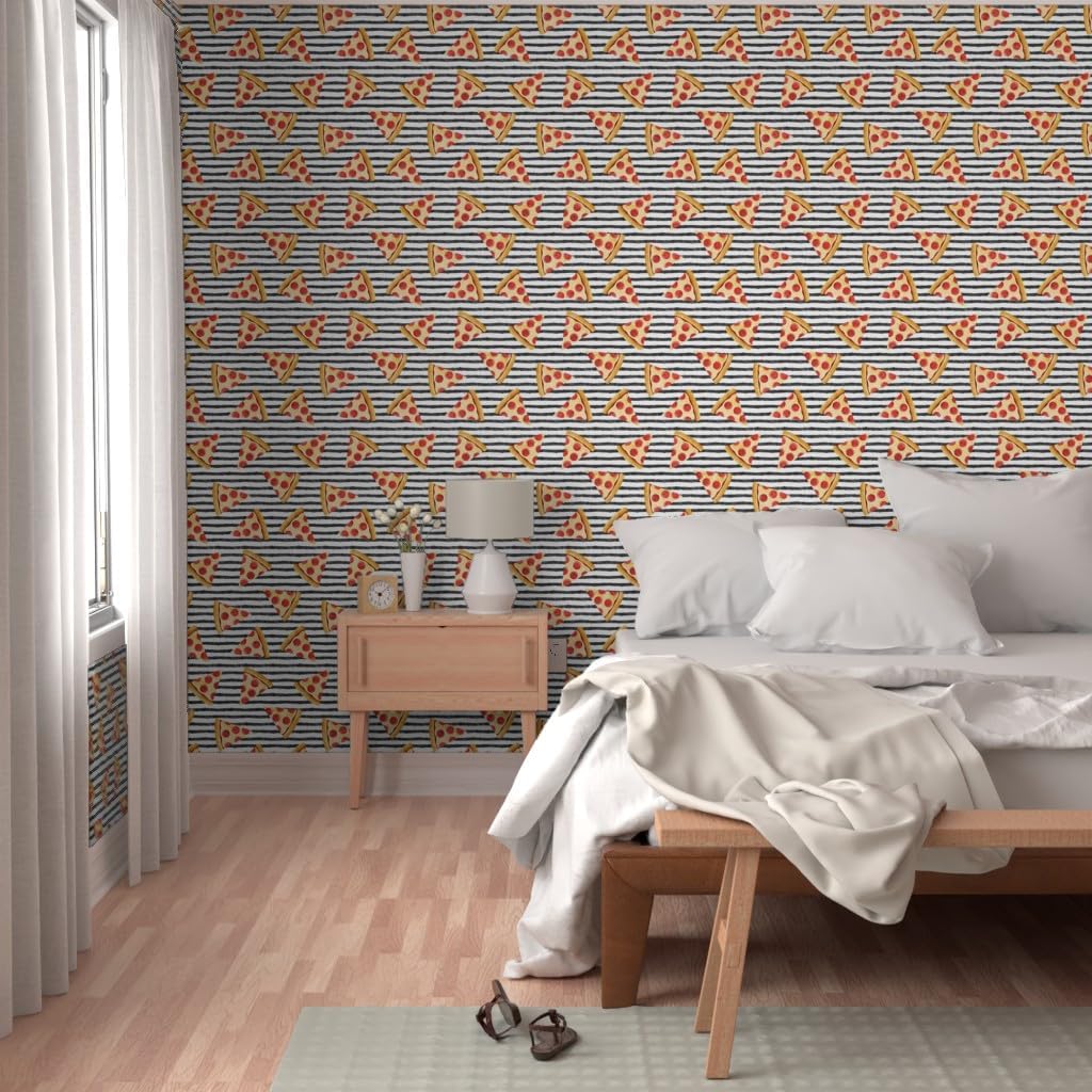 Removable Wallpaper 12ft x 2ft - Pizza Black Stripes Food Trendy Hipster Junk Pepperoni Custom Pre-Pasted Wallpaper by Spoonflower