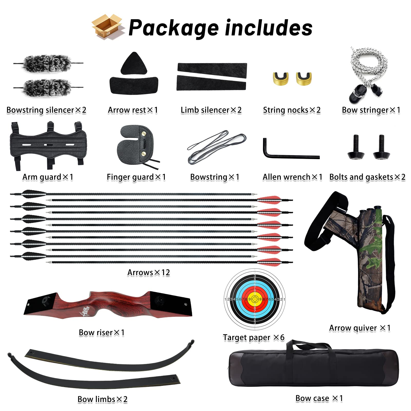 152 cm nero Hunter arco ricurvo 9-27,2 kg arco e freccia Set con borsa per arco e faretra freccia mano destra tiro con l'arco Set adulto principiante caccia tiro