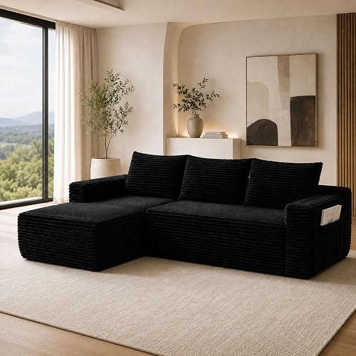 96 inch Boneless Couch, Modular L-Shaped Cloud Sectional Sofa, Black | Soft corduroy, storage pocket, secure connectors, deep seating, no assembly, ideal for apartments and living rooms