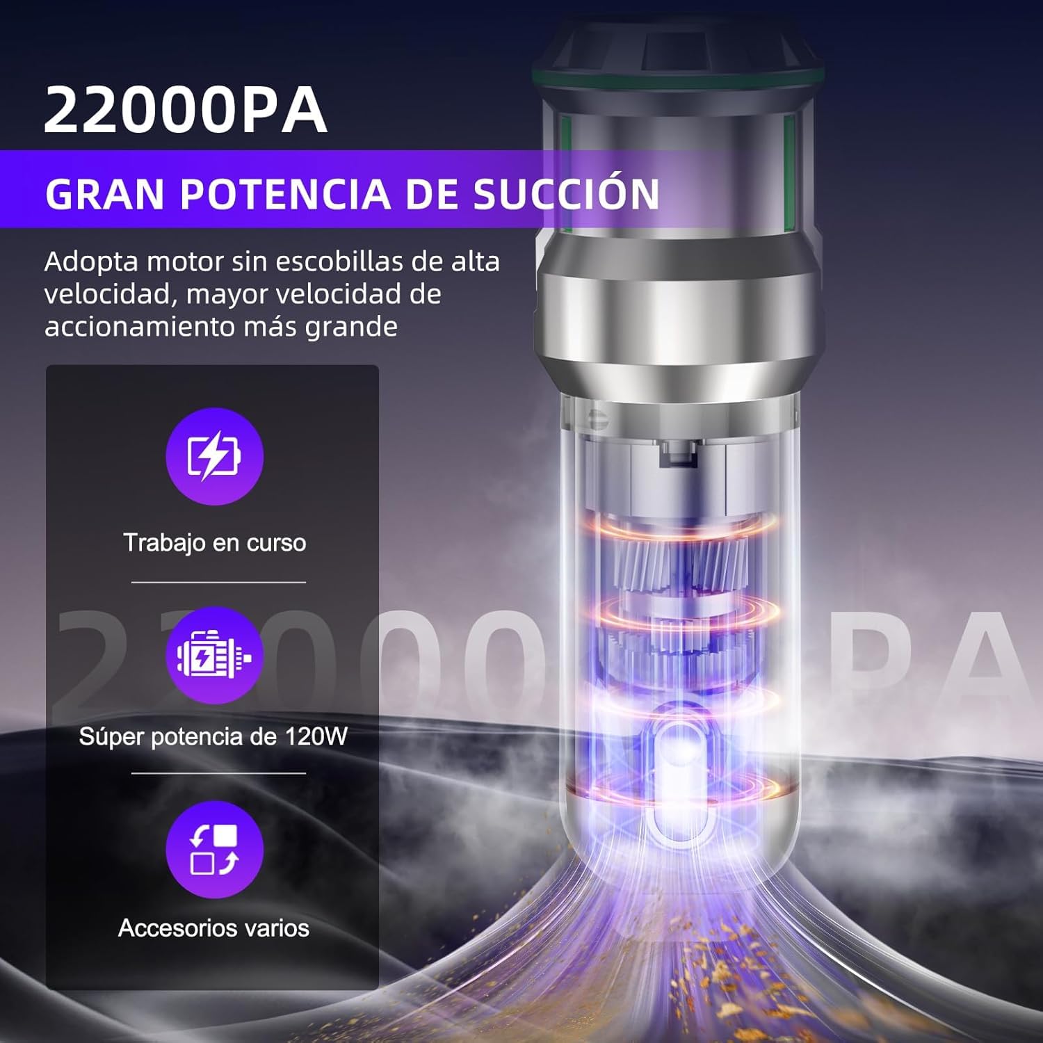 Aspirador de Mano 22000Pa con Vaciado Automático de un Toque, Aspiradora sin Cable Coche 4 en 1 Portátil, 3 Niveles de Succión, 9 Accesorios, Motor Brushless para Coche, Hogar y Pelo de Mascotas — view 2