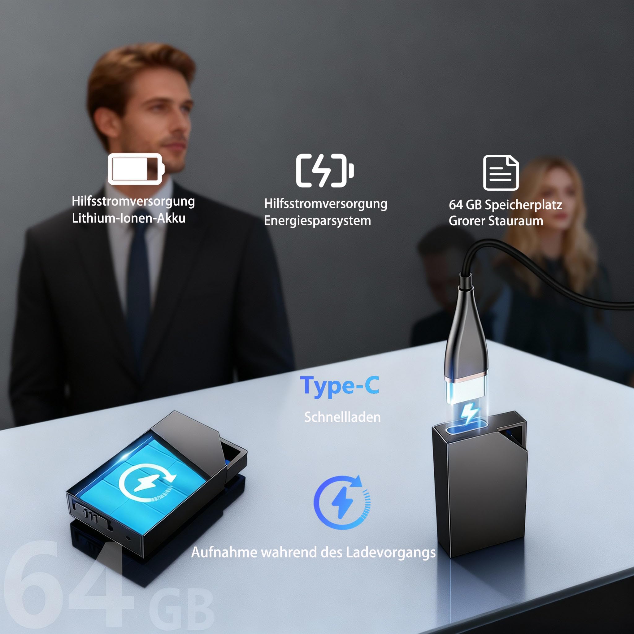 Diktiergerät Mini 64 GB Speicher, Diktiergerät Mini und Sprachaktivierung, Voice Recorder Wiederaufladbar Über USB, Aufnahmegerät Mit Mikrofon, Meetings und Interviews(3 * 2 * 0.6)