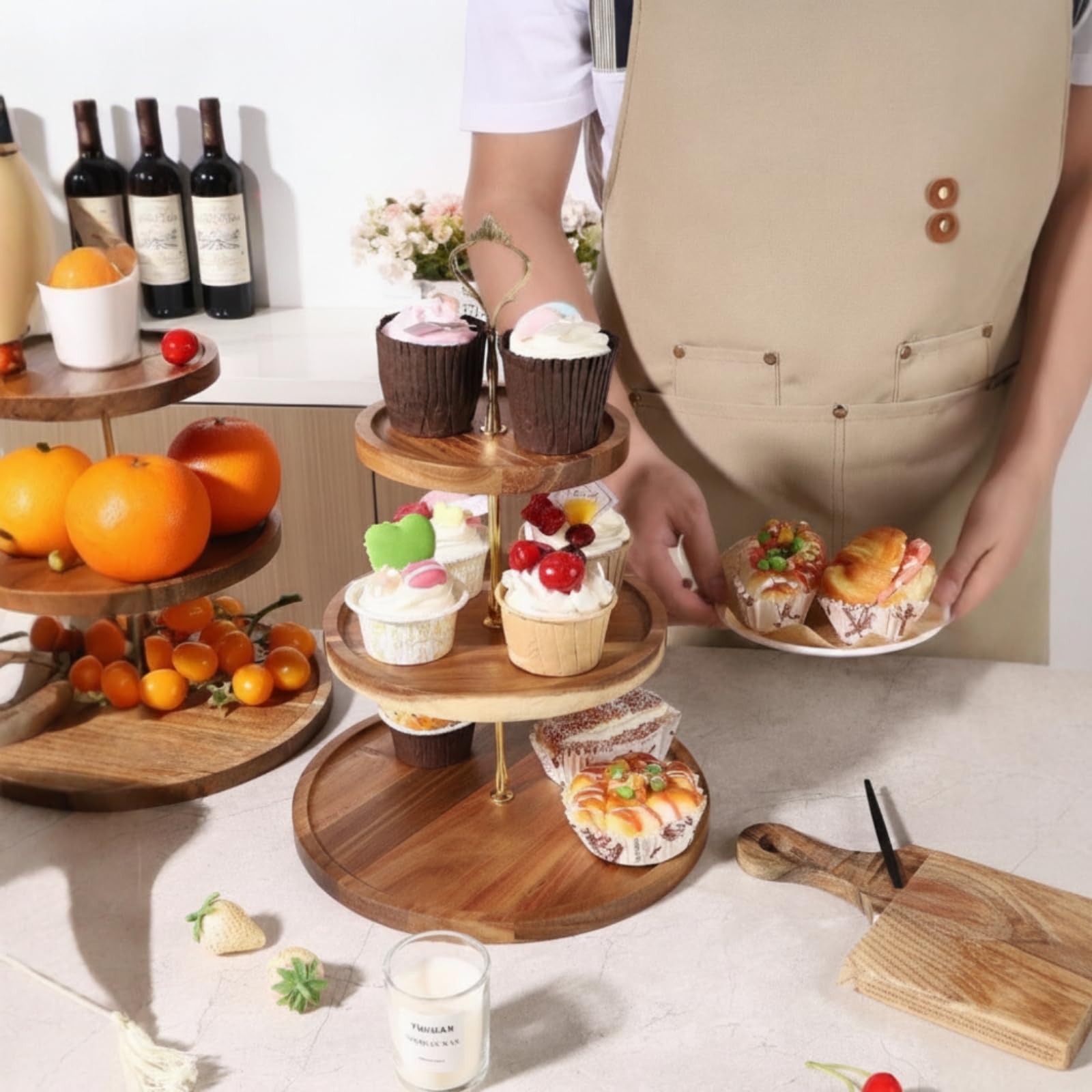 F Fityle Soporte para Postres Expositor de Pasteles de Dos Bandejas Circulares de Bambú de Hierro Asa de Aro Encaje Orden Vertical Adecuado para Reuniones Panaderías Cafeterías Encimeras