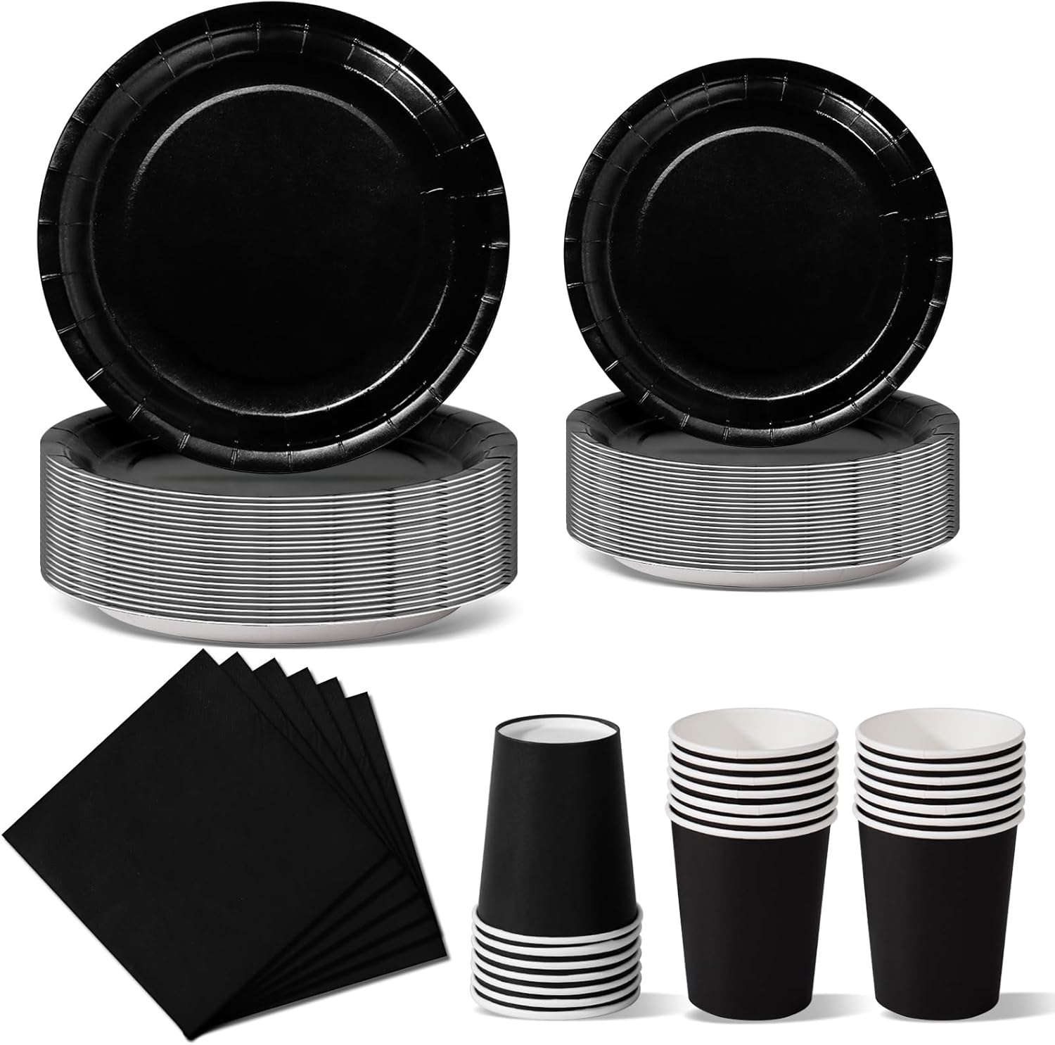 black partyware, napkins plates and cups