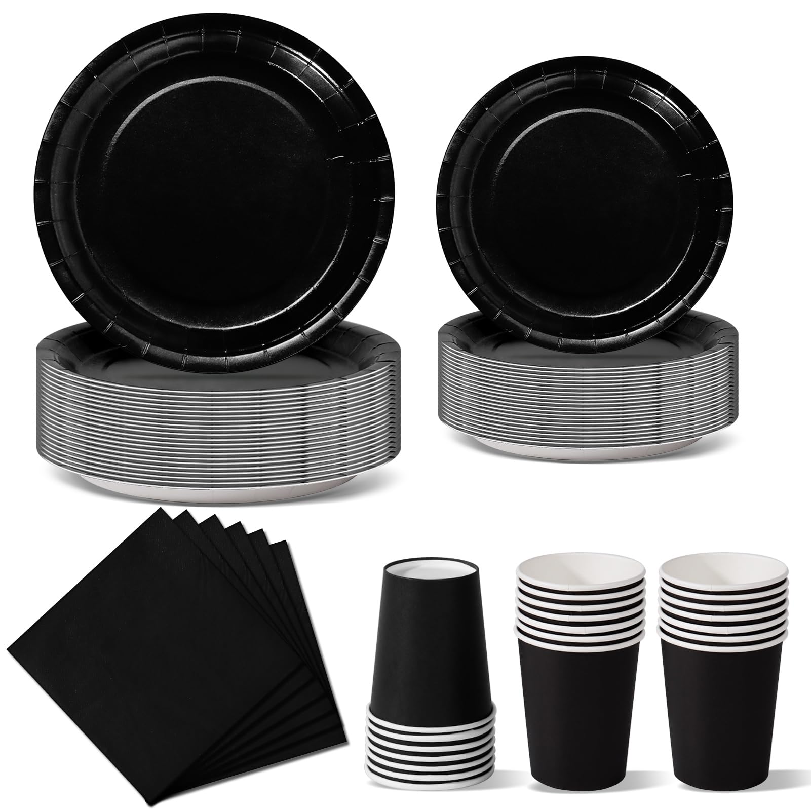 Birthday Party Tableware 96 Pieces Black Party Paper Plates Set Disposable Paper Cups Napkins for BBQ Parties Picnics -24 Guests