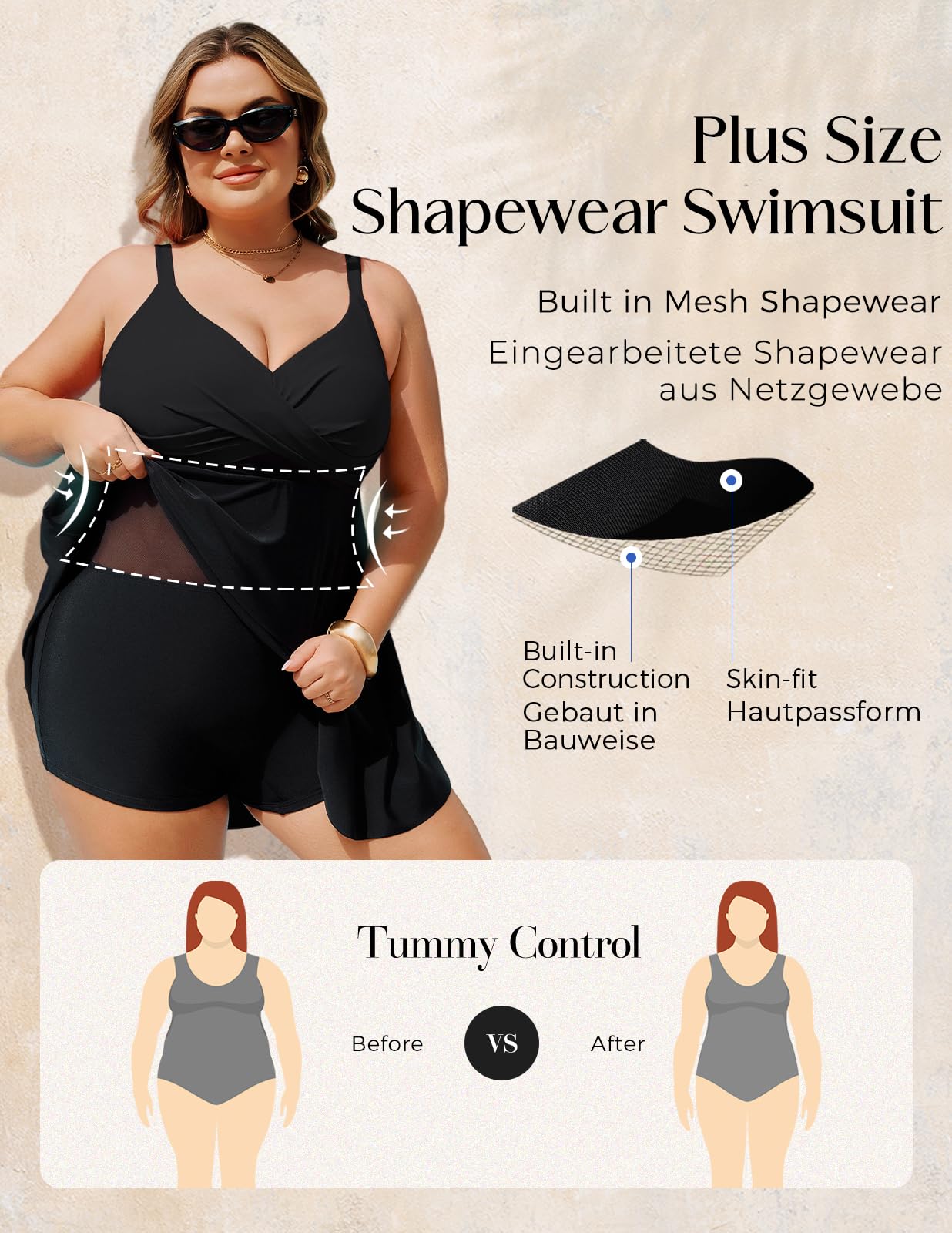 Hanna Nikole Maillot de bain pour femme - Grande taille - Effet ventre plat - Maillot de bain push-up - Une pièce - Robe de plage croisée - Avec short de bain - Maillot de bain doux et réglable - Mode