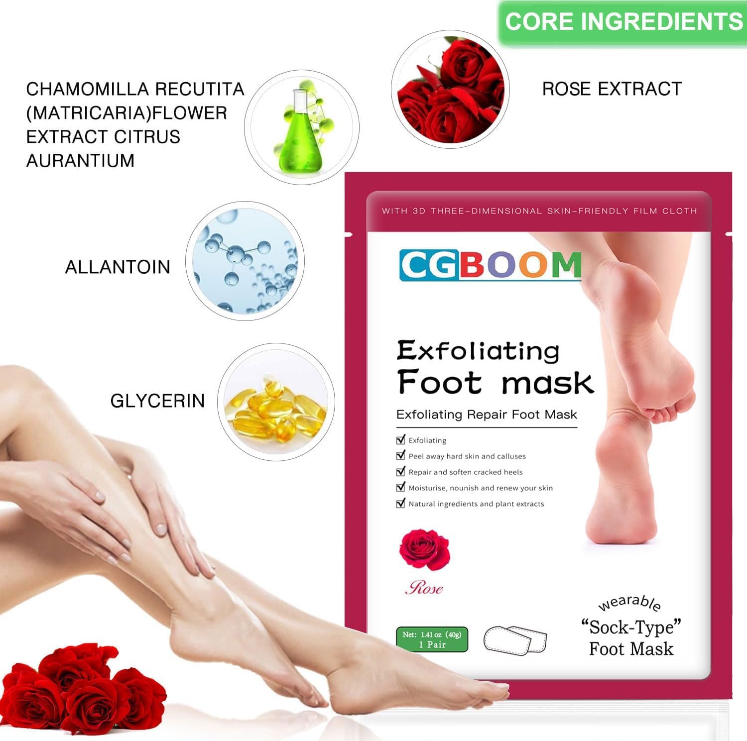 Lot de 3 paires de masques pour les pieds - Soin des callosités et des peaux mortes - Masque anti-âge - Exfoliant - Pour les pieds - Spa exfoliant - Pour femmes et hommes - Style rose classique