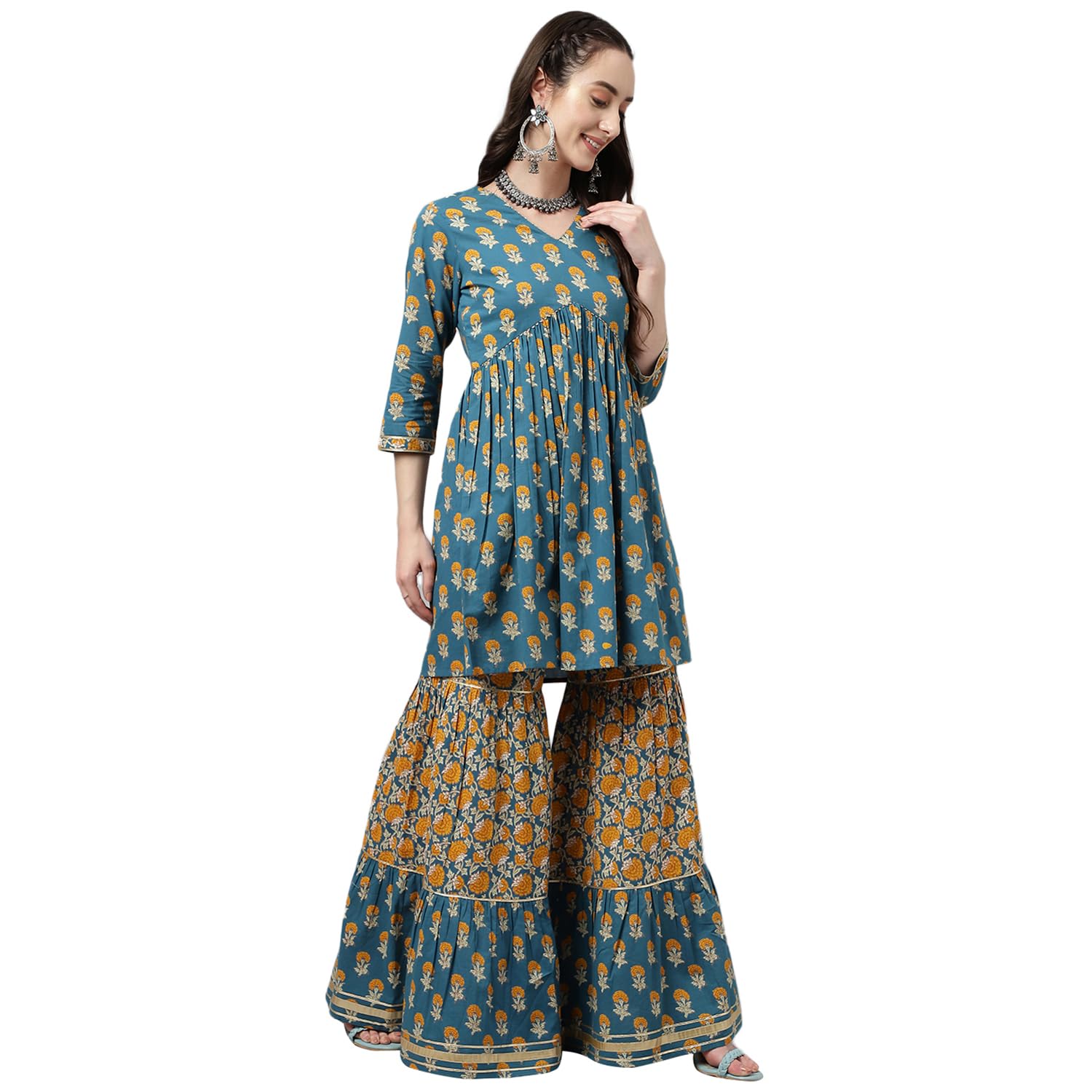 FIORRA Women's Pure Cotton Flared Kurta With Pant Set - Light Blue Printed Indian Ethnic Wear - View #4