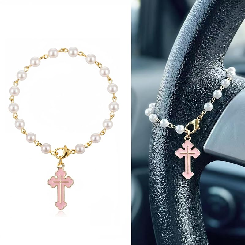 Terço decorativo com cruz para volante e retrovisor rosa Chimeloo Home
