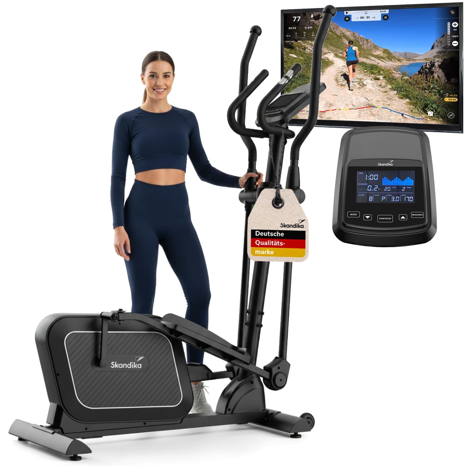 Skandika Crosstrainer für Zuhause Fint P8-R | Heimtrainer leise, 32 Stufen, 22 Programme, 8 kg Schwungmasse, Kinomap App kompatibel