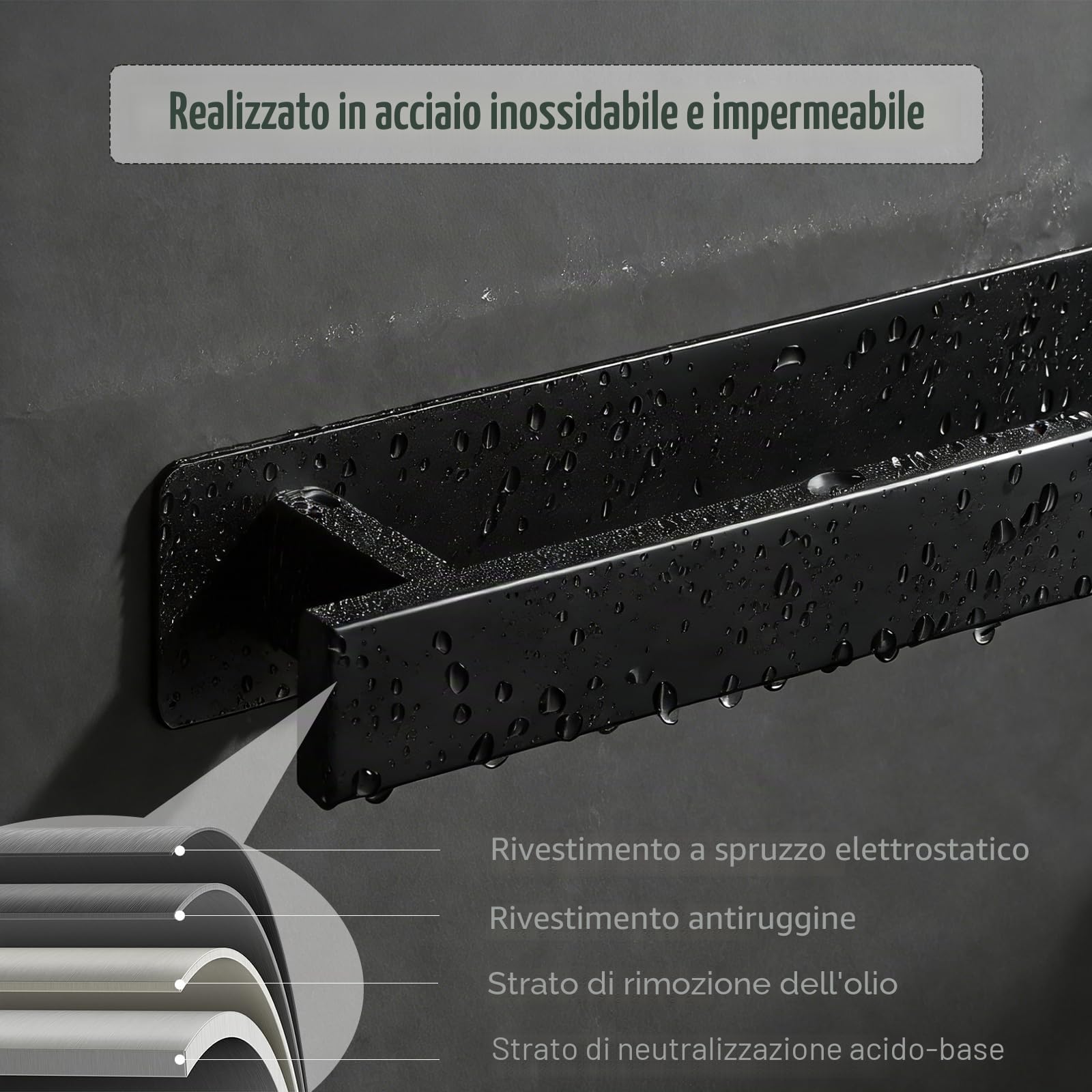 Porta Asciugamani da Parete Senza Forare in Acciaio Nero