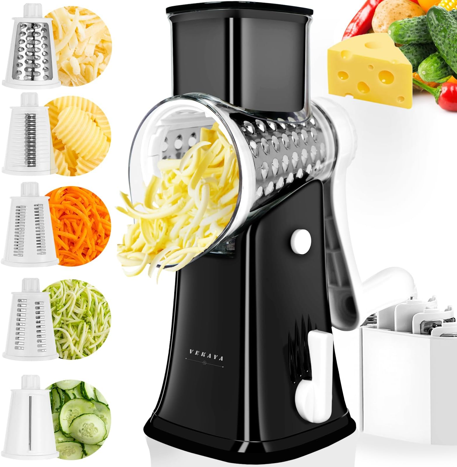 Rotary Cheese Grater, 5 in 1 Rotary Grater, Replaceable Stainless Blades Cheese Shredder, Cheese Slicer, Cheese Grater Hand Crank, Easy to Clean Kitchen Gadgets with Storage Box