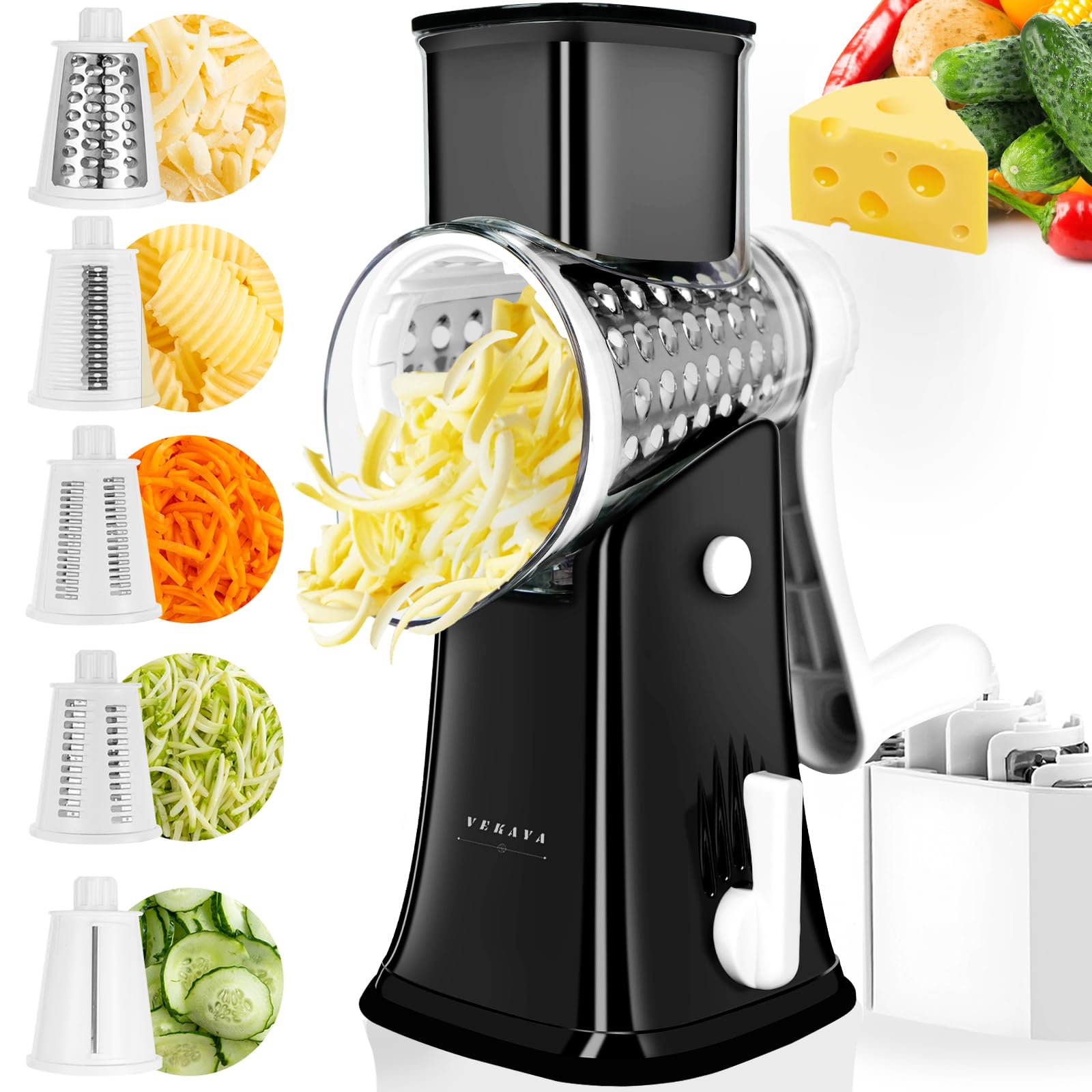 Rotary Cheese Grater, 5 in 1 Rotary Grater, Replaceable Stainless Blades Cheese Shredder, Cheese Slicer, Cheese Grater Hand Crank, Easy to Clean Kitchen Gadgets with Storage Box