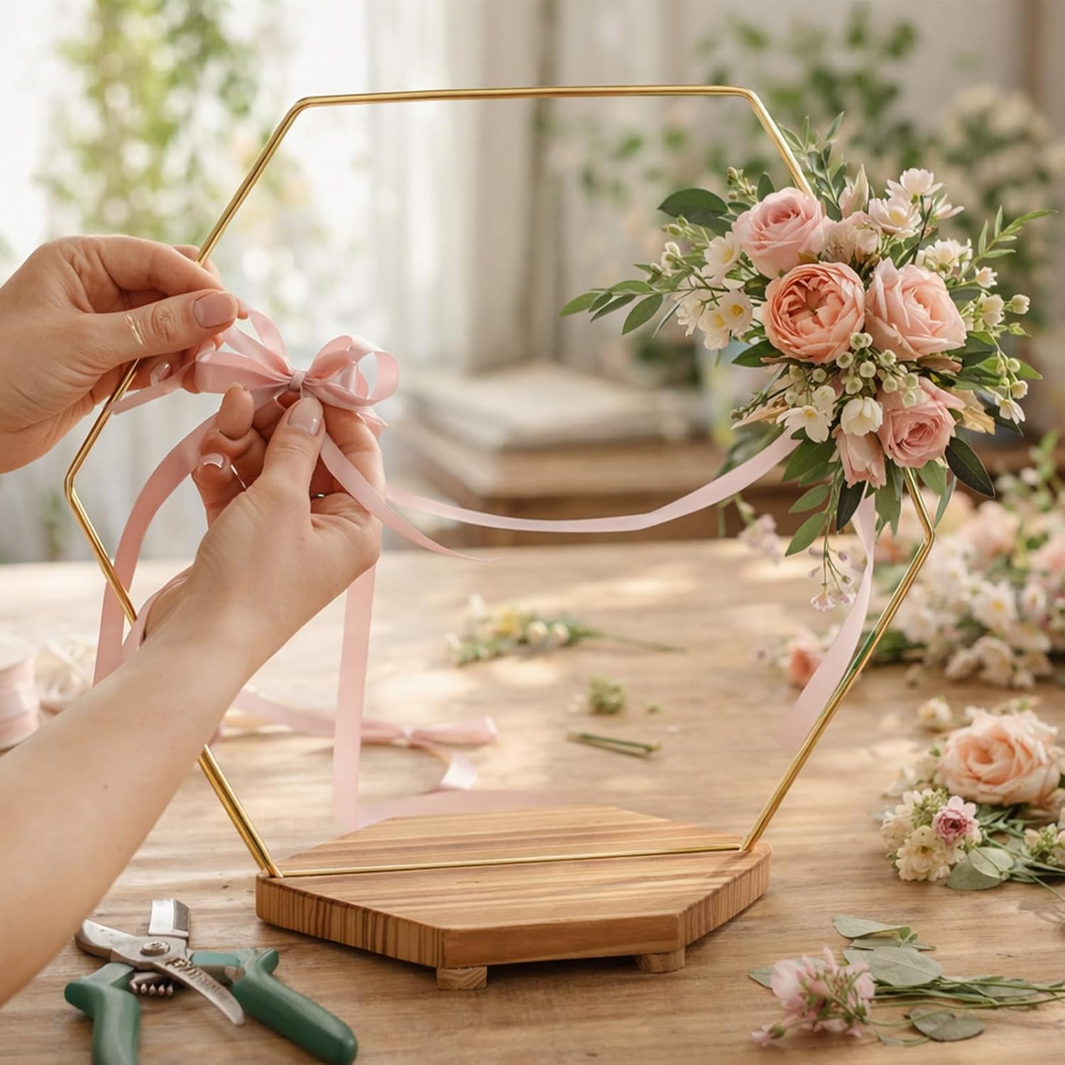 4 Pack Hexagonal Floral Hoops with Stand 14 Inch Wedding Cake Stand Metal Rings for DIY Centerpiece Table Decorations Crafts Wreath Wedding Birthday Wreath Candle Rings, Gold