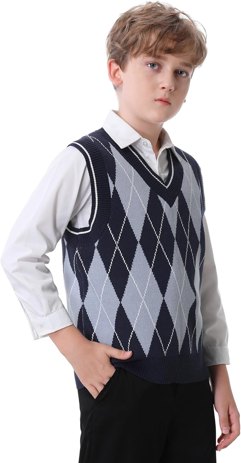 Boys Argyle Sweater Vest V-Neck Uniform Sleeveless Vest Kids Over Size Casual Knit Sweaters for Children 5-14Y - Image 2