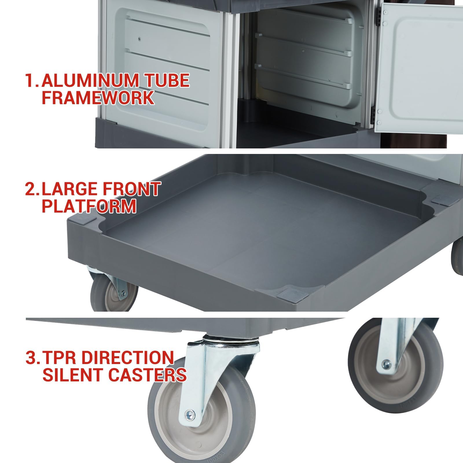 Garvee Reinigungswagen mit 6 Rollen – 2 Schränke, 3 Ablagen, Vinylsack – 300 kg Kapazität, Putzwagen für Hotels, Krankenhäuser, Büros – Gewerblicher Reinigungswagen, 130 x 55 x 93,5cm