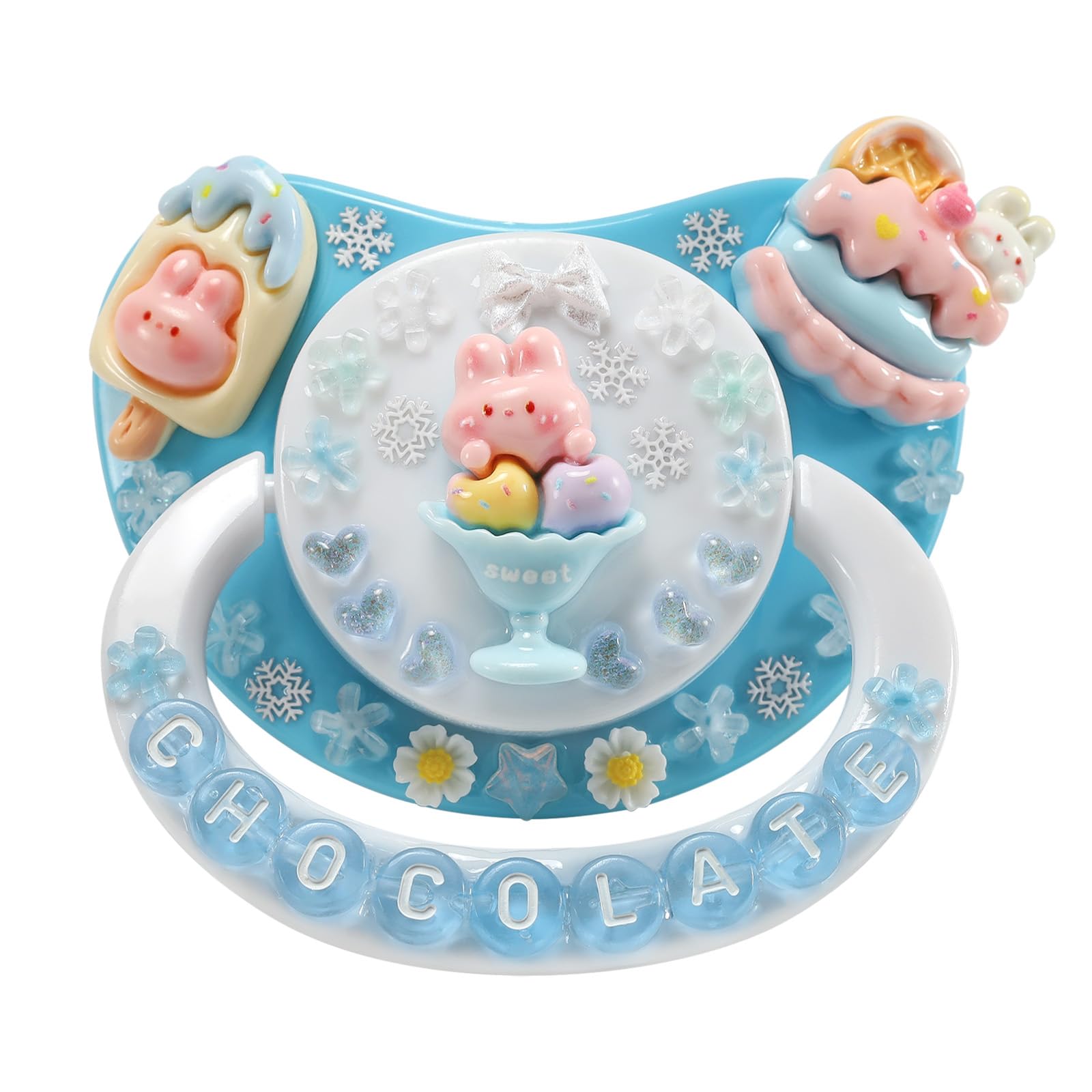 CutiePlusU Adult-Size Pacifier Dummy for Adults DIY Handmade Large Shield - Blue Chocolate Bunny, White Strawberry Bunny
