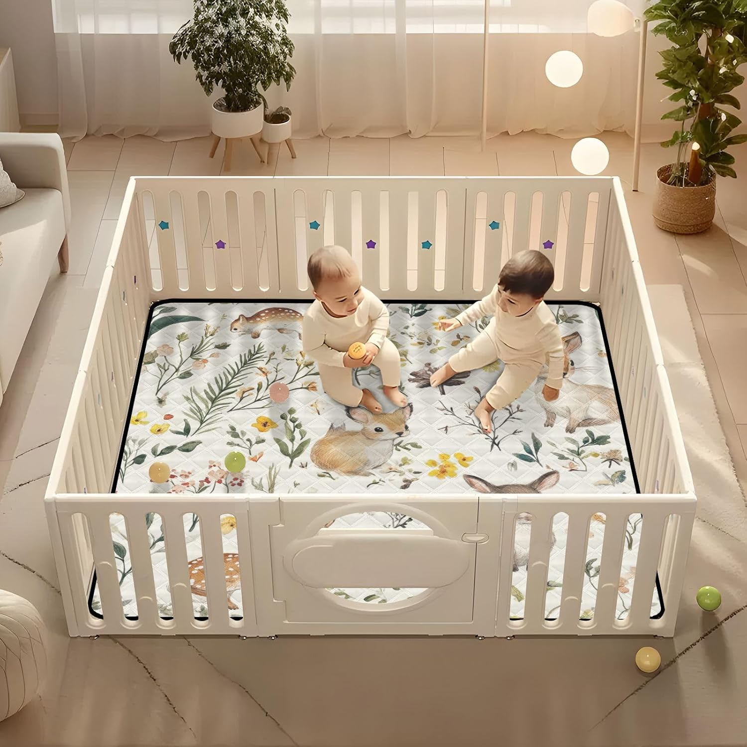 Baby Play Mat Vintage Woodland Animals Wildflowers 50 x 50 Playpen Mats for Floor Play Gym Crawling Mat Non-Slip Cushioned Baby Playmat for Infants, Babies, Toddlers