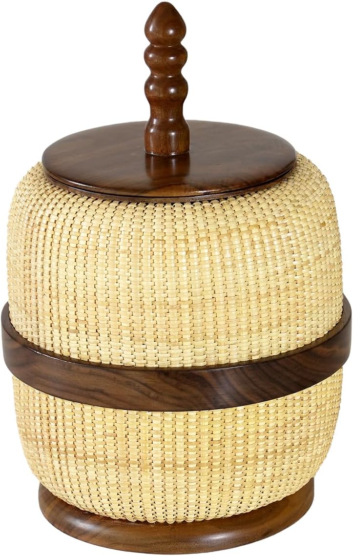Nantucket Pot Belly Baskets Handmade Woven Rattan Circular Storage Basket with Lid, Decorative Organizer，Storage & Organization