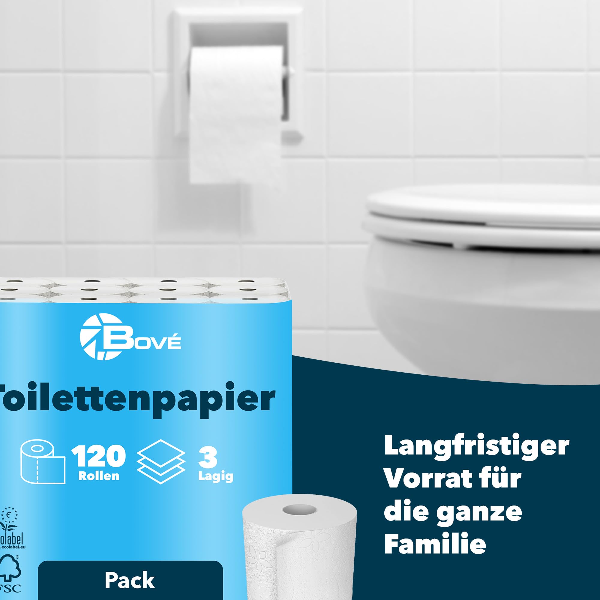 BOVE Toilettenpapier 3-Lagig - 120 Rollen, 125 Blatt pro Rolle - Weiß, 100% Zellstoff, Dezent Gemustert – Extra Weich & Reißfestes Klopapier - FSC- und Ecolabel-Zertifiziert