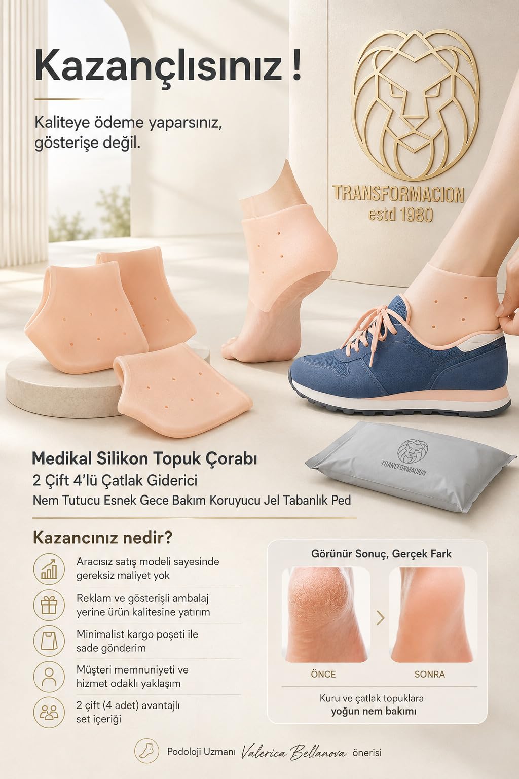 Transformacion Medikal Silikon Topuk Çorabı 2 Çift 4lü Çatlak Giderici Nem Tutucu Esnek Gece Bakım Koruyucu Jel Tabanlık Ped 2 ÇİFT 721955