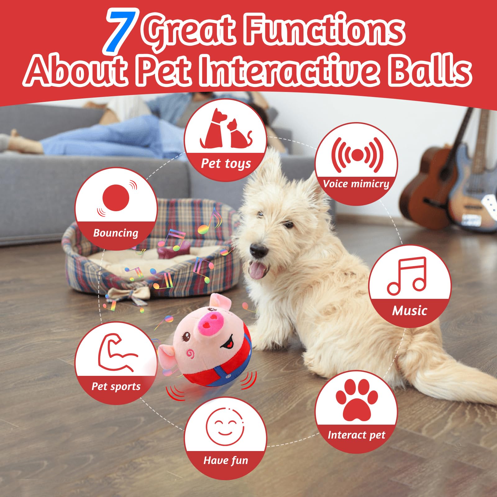 Audasi Active Moving Pet Plush Toy Interactive Dog Toys for Boredom Bouncing Piggy Dog Toy Shaking Talking Dog Ball for Dogs Cats Pets Washable Cartoon Pig Squeaky Plush Dog Toy Pet Toy Red - Image 3