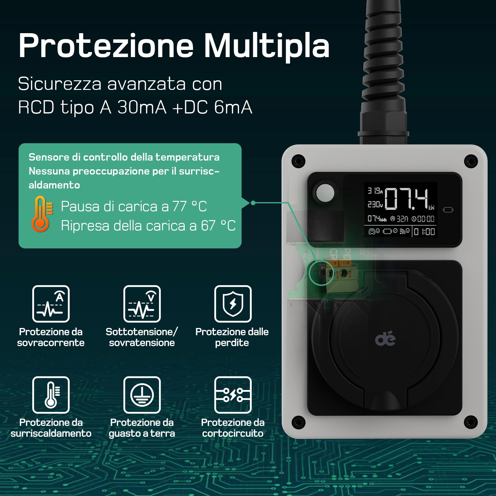 dé Mobile Wallbox 7,4kW 32A con App, Colonnina Ricarica Auto Elettrica, Stazione di Ricarica 7,4kW con Contatore Elettrico e Scheda RFID, per e-208 e Altri EV e PHEV