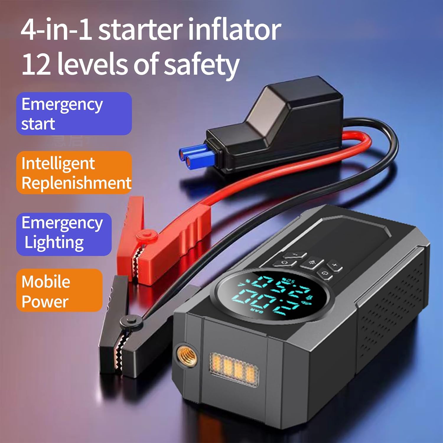 AbuDodo jump starter showing 4-in-1 functions: Emergency start, Intelligent Replenishment, Emergency Lighting, Mobile Power.