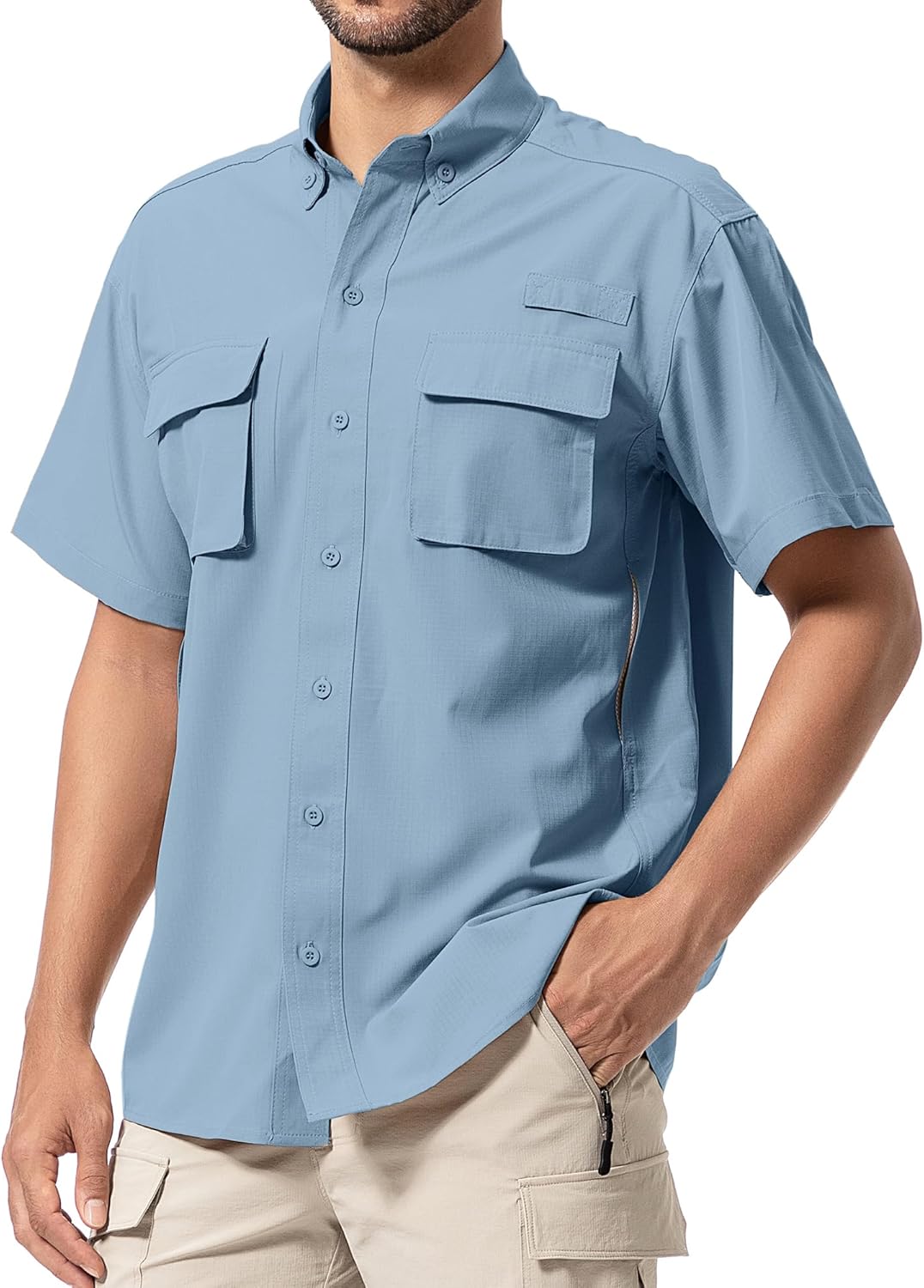 Mens UPF 50+ Sun Protection Short Sleeve Quick Dry Fishing Safari Hiking Shirt with Zipper Pocket Lightweight Cooling