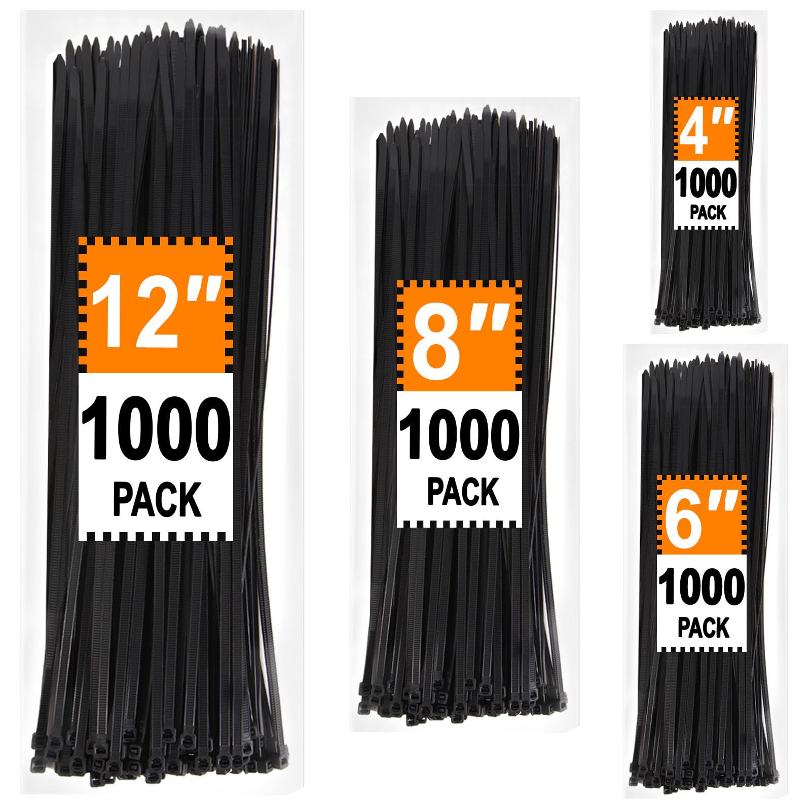 Bridas de cremallera de varios tamaños 4+6+8+12 pulgadas, paquete de 4000, bridas negras resistentes a los rayos UV para uso en exteriores, LOCKLOCK
