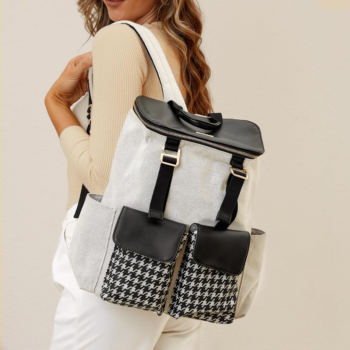 Sunveno Mommy Luiertas Rugzak Multifunctionele Stijlvolle Babytas met Aankleedkussen, Grote Capaciteit Pied-de-Poule Luierrugzak (zwart