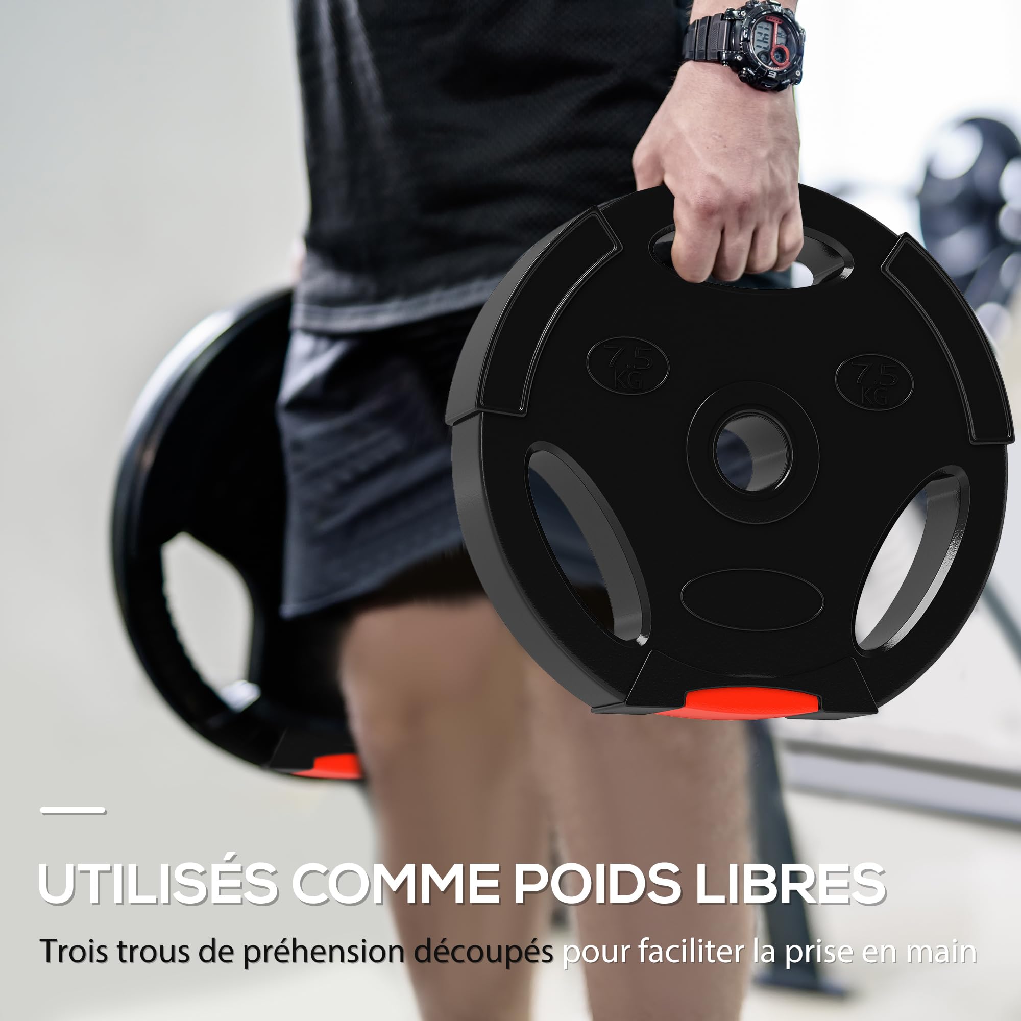 SPORTNOW Disques de poids, à trois poignées avec trous de Ø 25 mm, couverture en polypropylène, ensemble plaques d'haltères, musculation, fitness, gym, noir