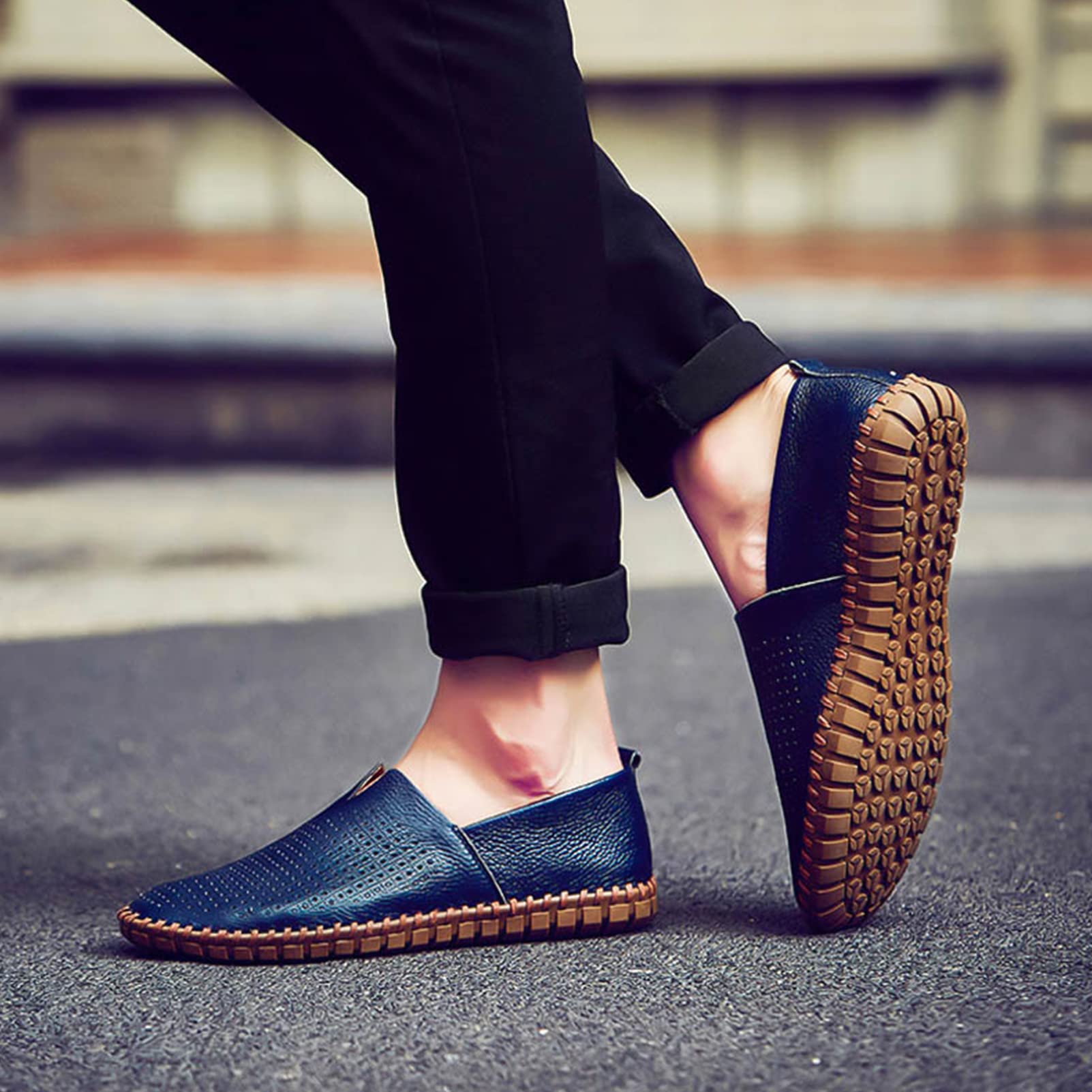 ANUFER Hombres Piel Genuina Mocasines Planos Ponerse Suave Suela Hecha A Mano El Verano Ahuecado Zapatos Casuales de Conducción