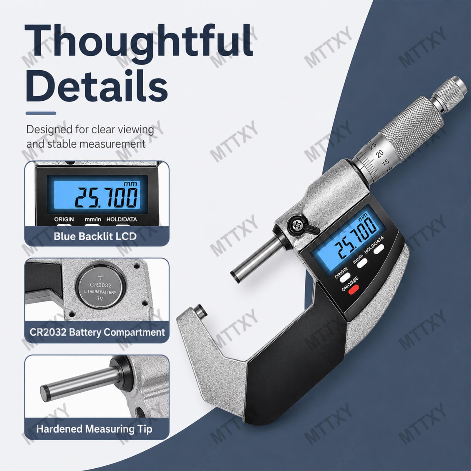 Micrómetro Exterior Digital 25-50 mm LCD para Taller | Pantalla LCD y escala mecánica para medir piezas, chapas y espesores con cambio rápido mm pulgadas.