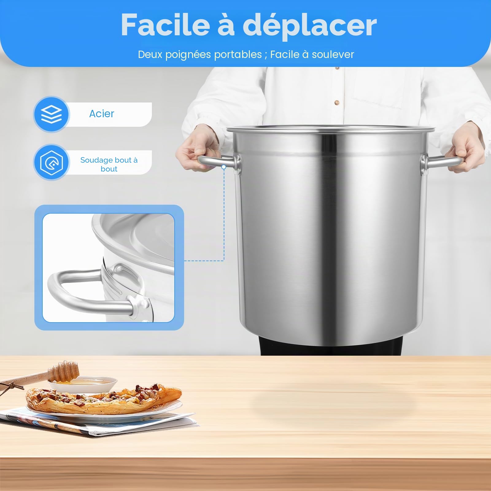 Marmite Traiteur en Acier Inoxydable 35L, Marmite Traiteur avec Couvercle, Trou Vapeur, Poignées Métal - Tous Feux dont Induction - Triple Fond Diffuseur, Argenté Epaisseur 3cm