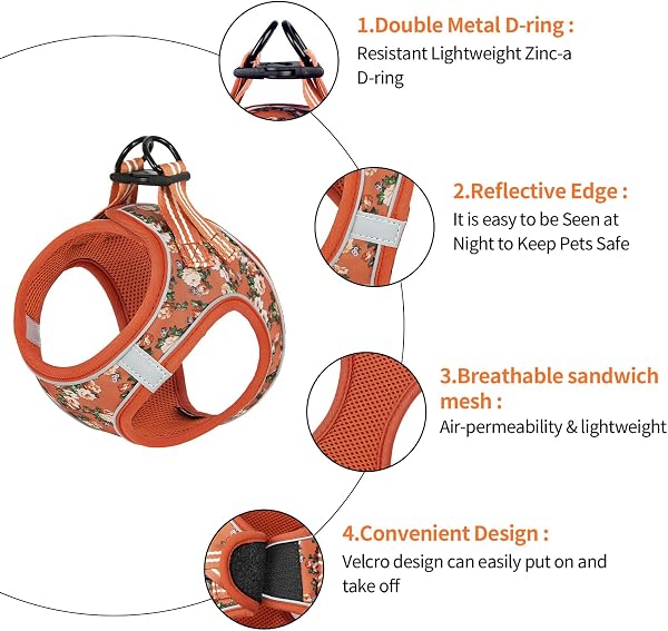 HEELE Dog Harness Padded Mesh Soft Puppy Vest Breathable Adjustable Reflective Interior for Walking Running Training Orange Flower XS - 3